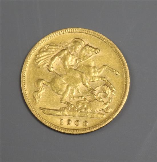 A late Victorian 1900 gold half sovereign.